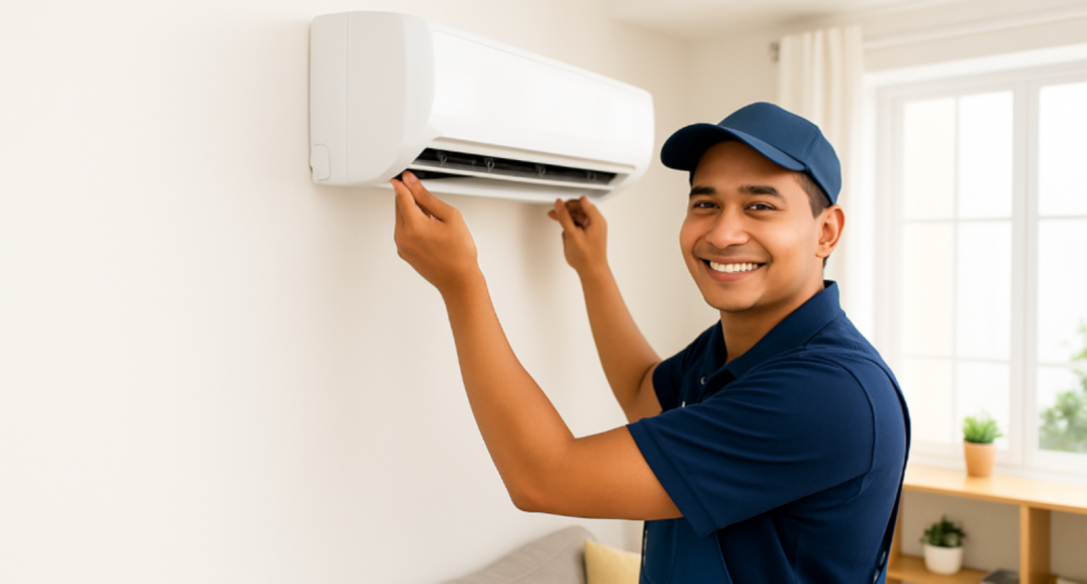 Technician installing an air conditioner